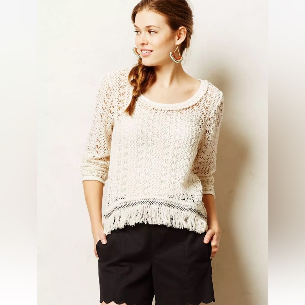 Anthropologie Akemi + Kin Shirt Open Knit Crochet‎ Fringe Boho Franja Pullover S